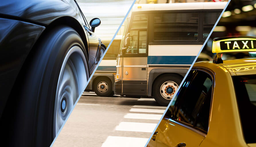 split image of a rear car wheel, bus, and taxi